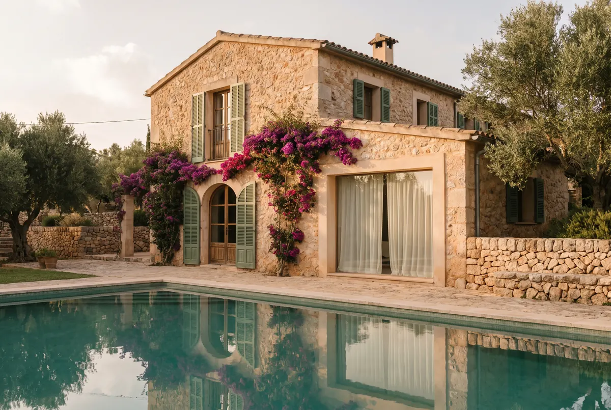 Natural stone finca with green shutters, bougainvillea and pool in the evening light of Mallorca
