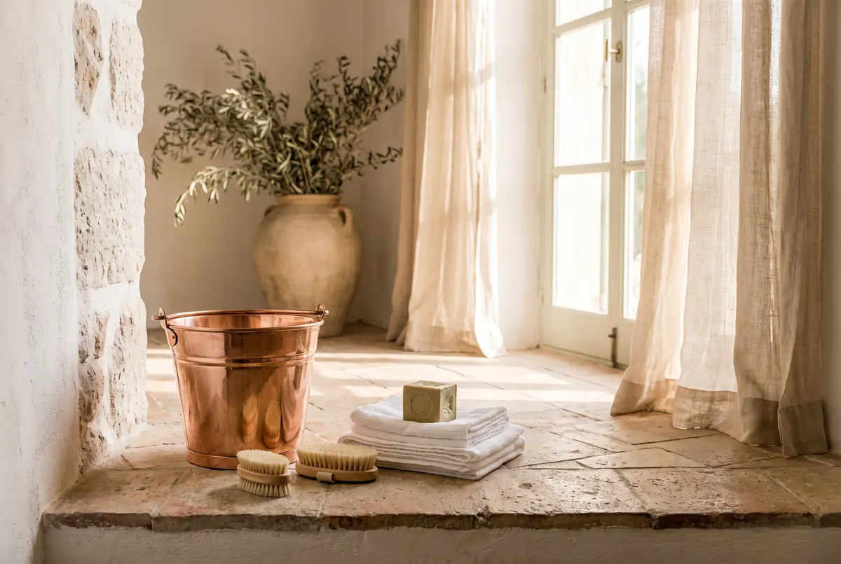 Copper cleaning bucket with brushes and cloths on the terracotta tiles of a finca