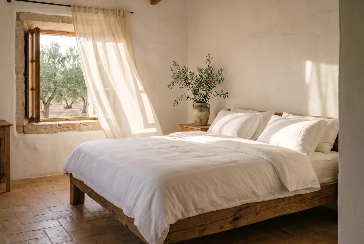 Freshly made bed with white linen sheets in a bright finca bedroom