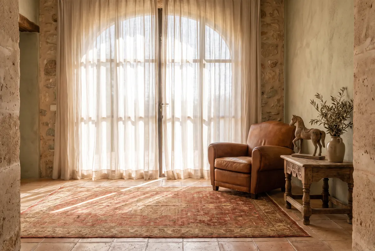 Oriental rug in warm red tones next to a cognac leather armchair in a finca